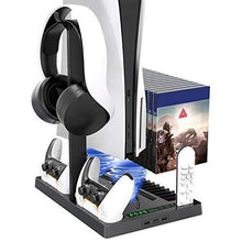 
                        
                          Load image into Gallery viewer, Vertical Stand with Headset Holder and Cooling Fan Base for PS5 Console &amp; Playstation 5 Accessories, 1 Headphone Stand - JOY2ESpree
                        
                      