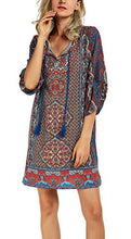 
                        
                          Load image into Gallery viewer, Women Bohemian Neck Tie Vintage Printed Ethnic Style Summer Shift Dress
                        
                      
