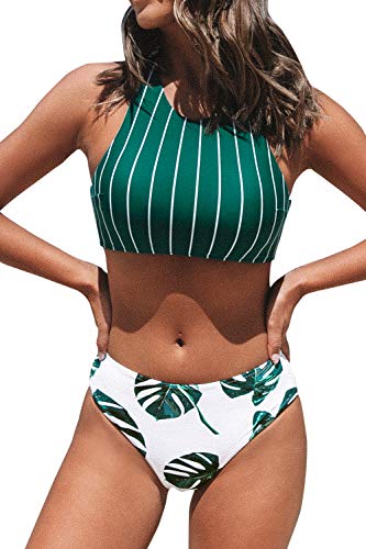 CUPSHE Women's Teal Stripe Leaves Print Criss Cross Bikini Sets