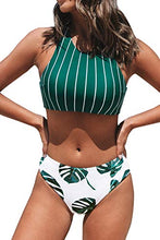 
                        
                          Load image into Gallery viewer, CUPSHE Women's Teal Stripe Leaves Print Criss Cross Bikini Sets
                        
                      