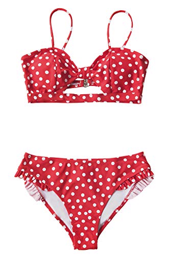 CUPSHE Women's Red Polka Dot Cutout Ruffles Back Hook Closure Bikini Sets