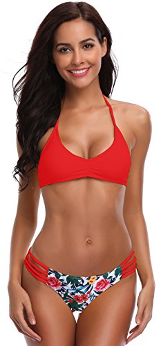 SHEKINI Women's Floral Printing Cutout Strappy Halter Swimsuits Bikini Suits