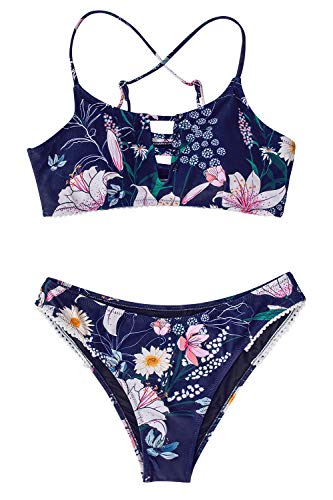 CUPSHE Women's Low Rise Navy Floral Cutout Criss Cross Bikini Swimsuit Sets