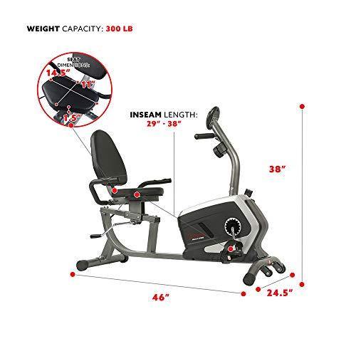 Sunny Health & Fitness Magnetic Recumbent Exercise Bike, Pulse Rate Monitoring, 300 lb Capacity, Digital Monitor and Quick Adjustable Seat | SF-RB4616 - JOY2ESpree