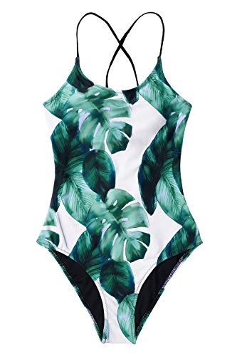 CUPSHE Women's Tropical Leaf Print Lined Lace Up Back Padded One Piece Swimsuit