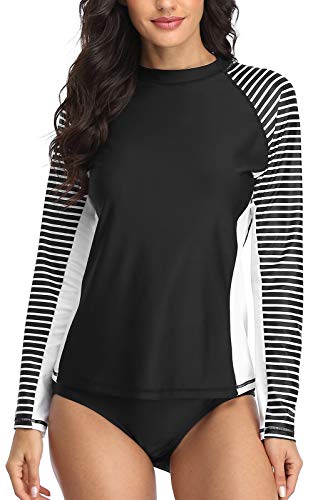 CharmLeaks Women's Long Sleeve Rashguard UPF 50 Sun Protection Swimsuit Top Striped Swim Shirts