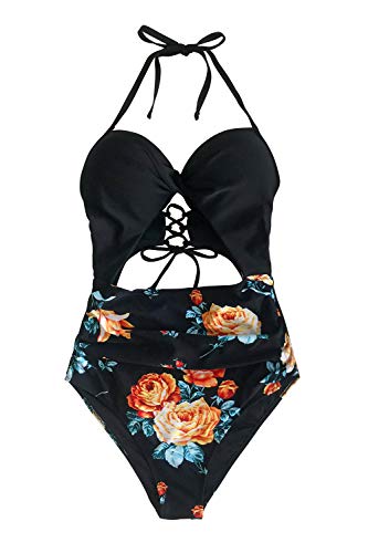 CUPSHE Women's Black Floral Print Halter Cutout High Waist One Piece Swimsuit