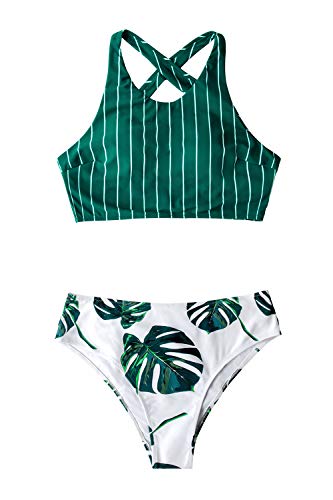 CUPSHE Women's Teal Stripe Leaves Print Criss Cross Bikini Sets