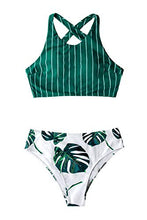 
                        
                          Load image into Gallery viewer, CUPSHE Women's Teal Stripe Leaves Print Criss Cross Bikini Sets
                        
                      