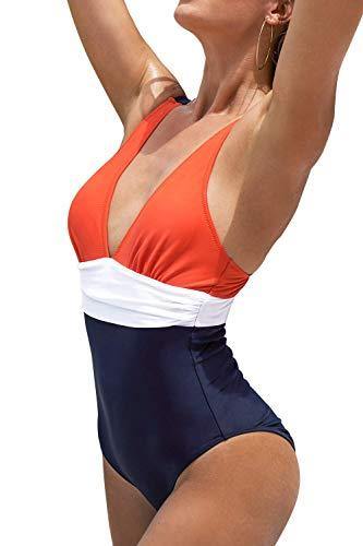 CUPSHE Women's Orange Navy V Neck Ruching One Piece Swimsuit - JOY2ESpree
