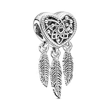 
                        
                          Load image into Gallery viewer, PANDORA Openwork Heart &amp; Three Feathers Dreamcatcher 925 Sterling Silver Charm - 799107C00 - JOY2ESpree
                        
                      