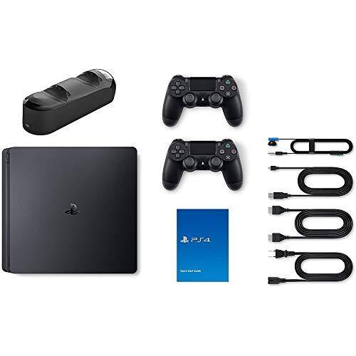 PS 4 Slim 1TB Console with Two DS4 Wireless Controller and Mytrix DS4 Fast Charging Dock - JOY2ESpree