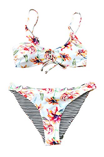 CUPSHE Women's Reversible Lace Up Bikini Sets Floral and Striped