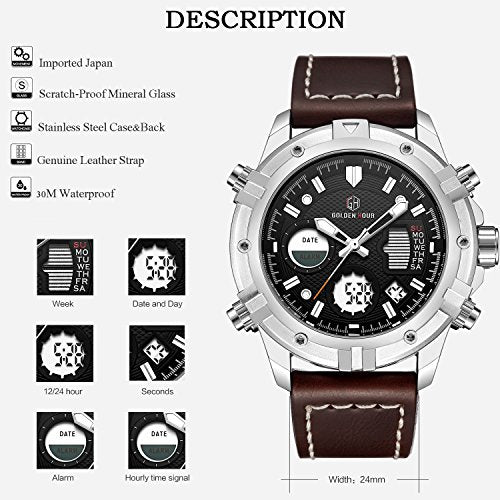 Mens Sport Watch Digital Analog Quartz Waterproof Multifunctional Military Leather Wrist Watches