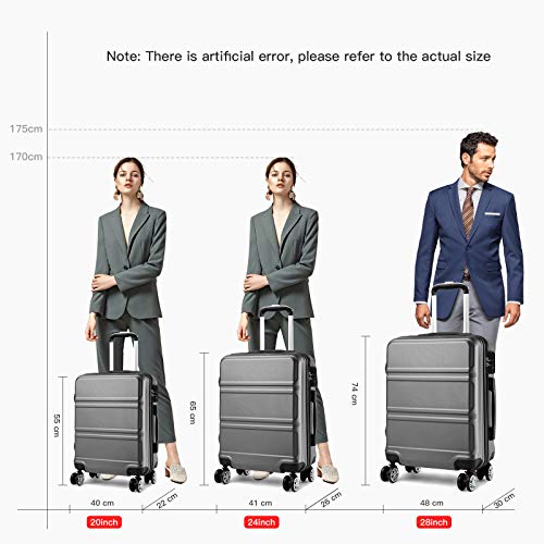 Kono 3 Pieces Luggage Set Hard Shell with Spinner Wheels Lightweight Rolling Suitcases Set with YKK Dual Zipper TSA Lock for Travel (Grey)