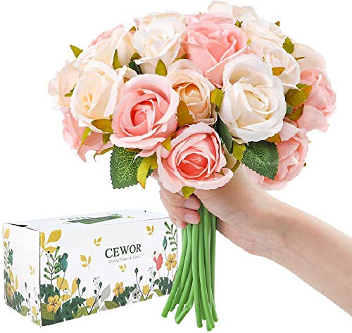CEWOR 24 Heads Artificial Rose Flowers Bouquet Silk Flowers Rose for Home Bridal Wedding Party Festival Decor (2 Packs Champagne and Pink)