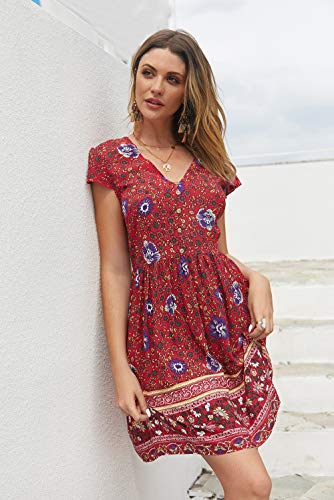 KIRUNDO Women’s  Summer Hot Short Sleeve V-Neck High Waist Floral Print Mini Sun Dress