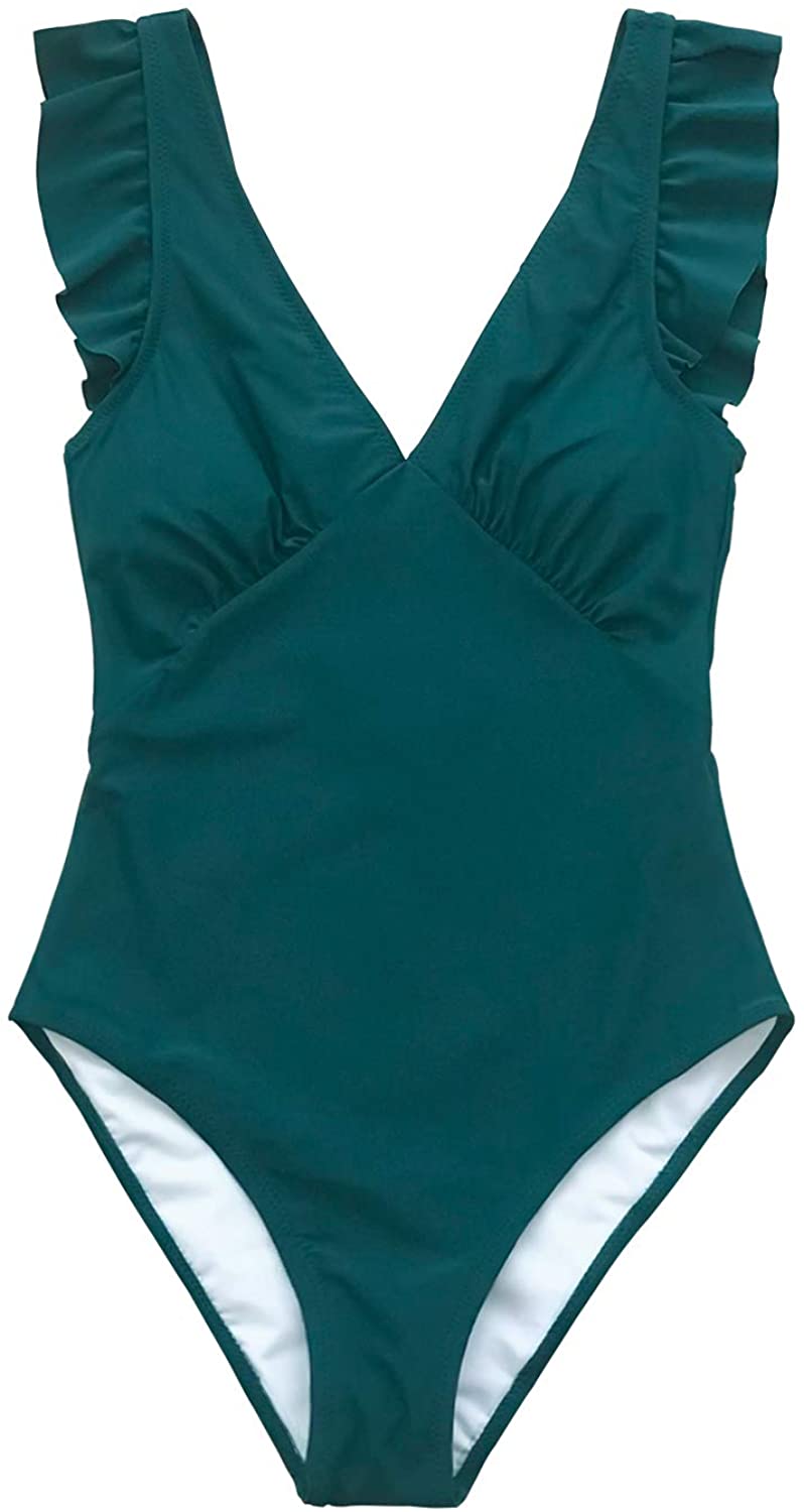 CUPSHE Women's One Piece Swimsuit V Neck Ruched Ruffle Shoulder Swimwear Bathing Suits