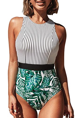 CUPSHE Women's Striped Leafy One Piece Swimsuit