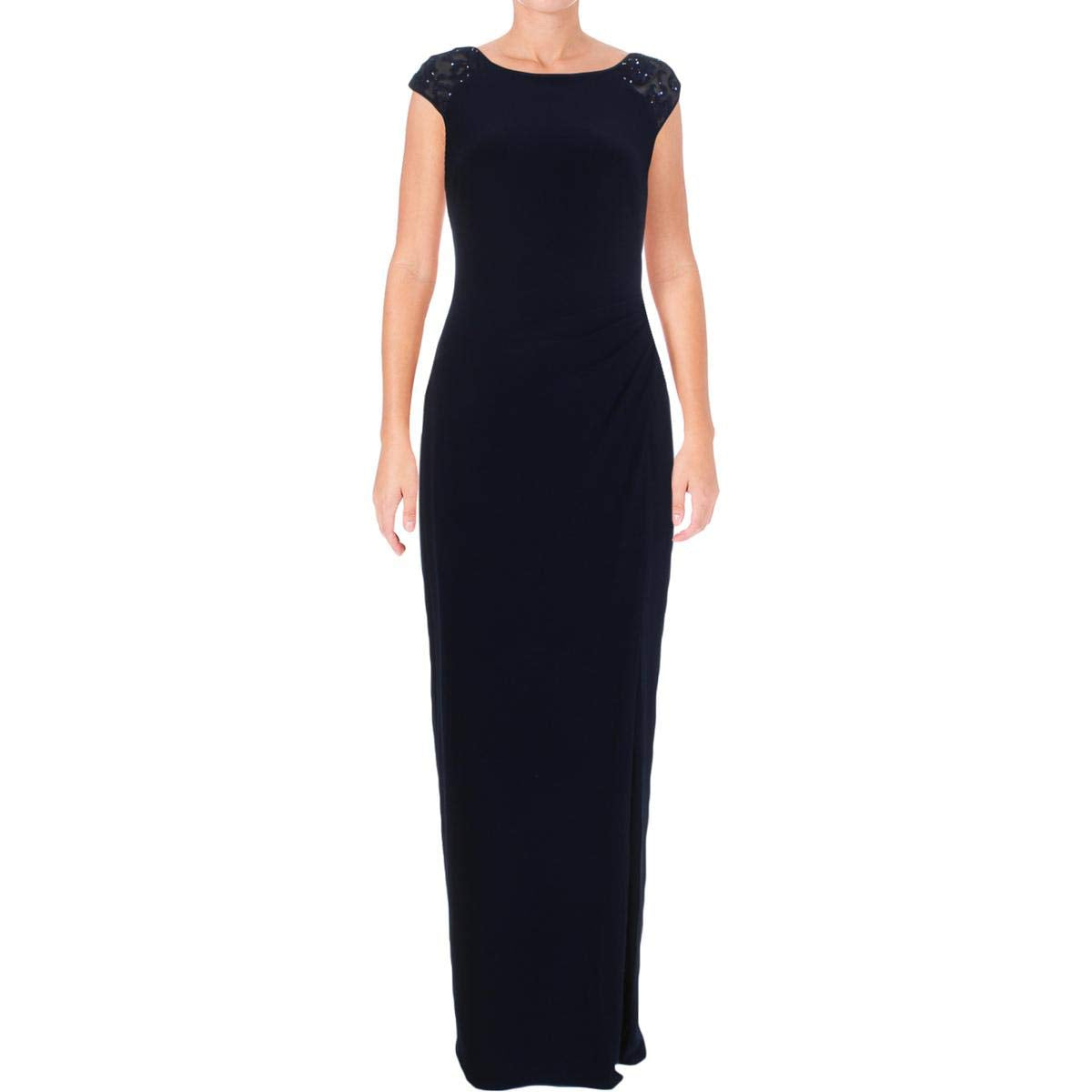Ralph Lauren Womens Navy Slitted Cap Sleeve Jewel Neck