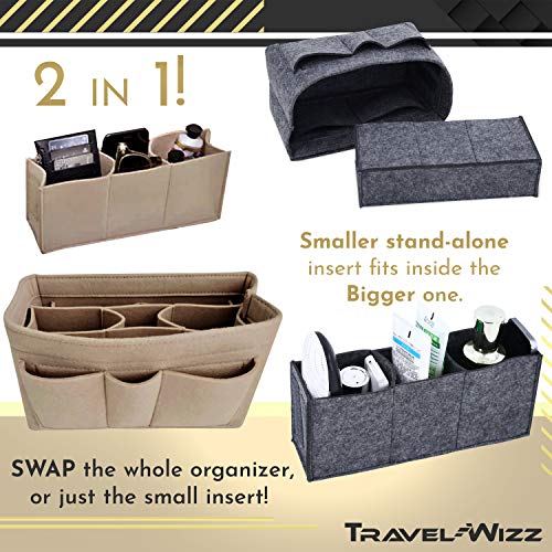 Handbag Organizer - 2in1 Purse Organizer Insert with Inner Zipped Pocket - Tote Shaper fits Speedy Neverfull - Grey Medium