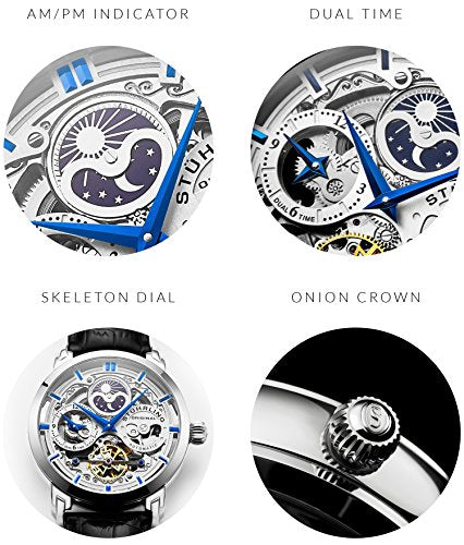 Stührling Original Mens Watch Stainless Steel Automatic, Skeleton Dial, Dual Time, AM/PM Sun Moon,Genuine Leather Strap 371 Watches for Men Series