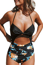 
                        
                          Load image into Gallery viewer, CUPSHE Women's Black Floral Print Halter Cutout High Waist One Piece Swimsuit
                        
                      