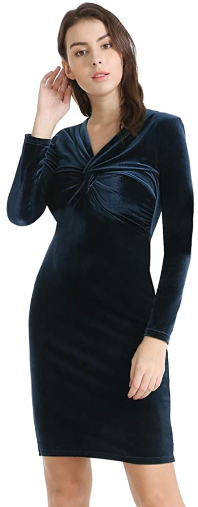 YHINTLFS Women Velvet Party Dress Long Sleeve V-Neck Wrap Mini Dress
