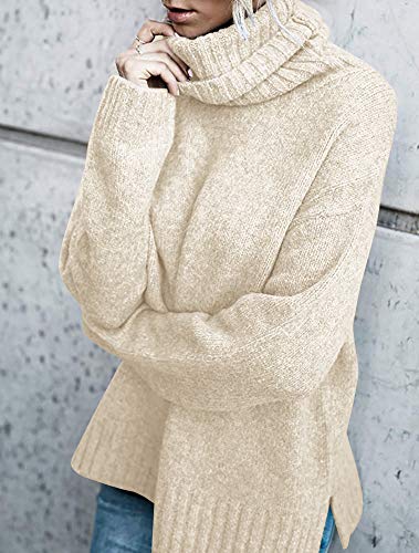 FISACE Womens Solid Round Neck Oversized Turtleneck Full Sleeve Knitted Sweater Pullover