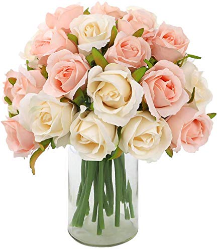 CEWOR 24 Heads Artificial Rose Flowers Bouquet Silk Flowers Rose for Home Bridal Wedding Party Festival Decor (2 Packs Champagne and Pink)