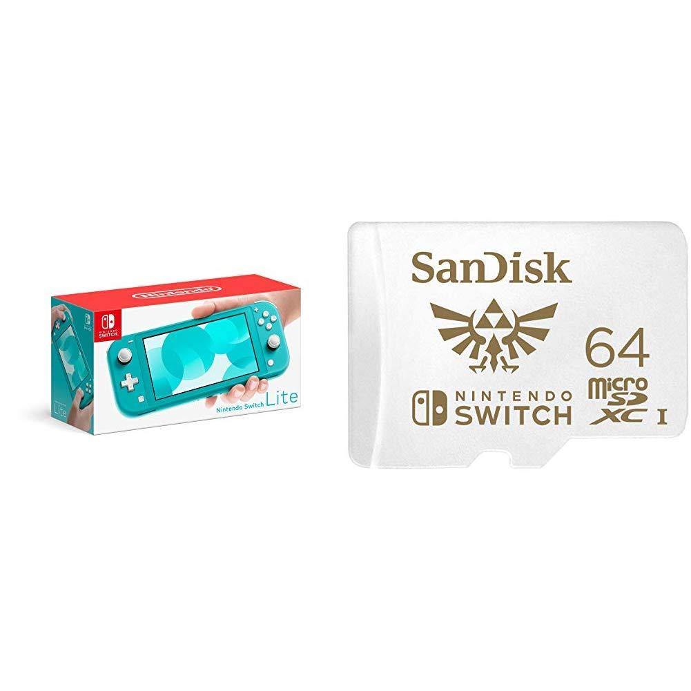 Nintendo Switch Lite - Turquoise with SanDisk 64GB MicroSDXC UHS-I Card for Nintendo Switch - JOY2ESpree
