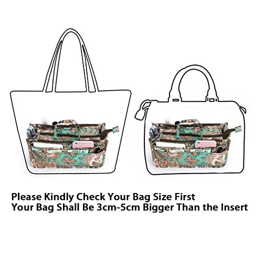 BTSKY New Printing Handbag Organizers Inside Purse Insert-High Capacity 13 Pockets Bag Tote Organizer with Handle Peacock Flower