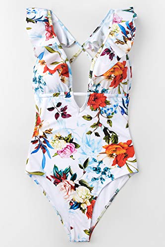CUPSHE Women's One Piece Swimsuit Ruffle Deep V Neck Strappy Swimwear Bathing Suits