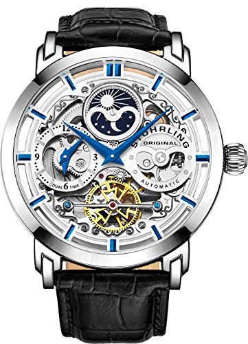 Stührling Original Mens Watch Stainless Steel Automatic, Skeleton Dial, Dual Time, AM/PM Sun Moon,Genuine Leather Strap 371 Watches for Men Series