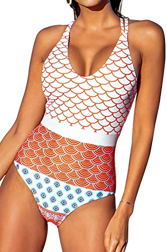 CUPSHE Women's One Piece Swimsuit Scoop Neck Double Straps Geo-Print Swimwear Bathing Suits