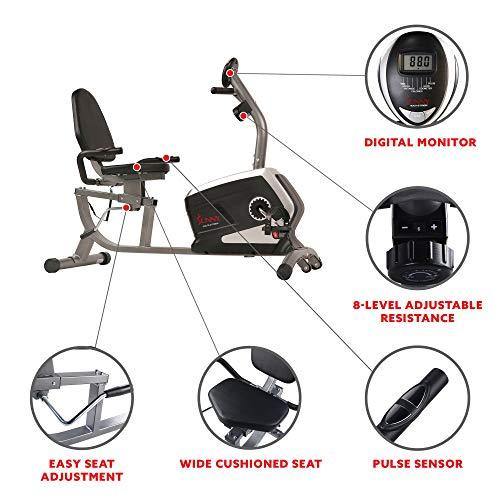 Sunny Health & Fitness Magnetic Recumbent Exercise Bike, Pulse Rate Monitoring, 300 lb Capacity, Digital Monitor and Quick Adjustable Seat | SF-RB4616 - JOY2ESpree