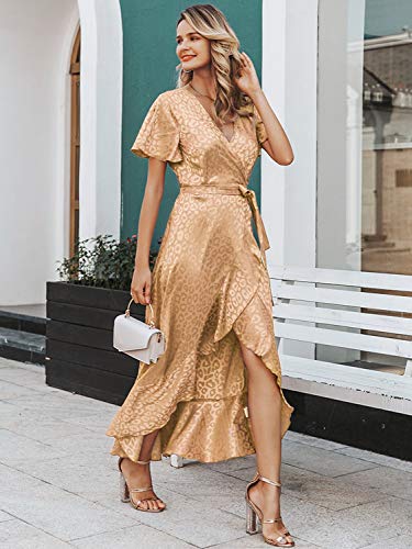 Miessial Women's Summer Chiffon V Neck Ruffle Maxi Dress Polka Dot Long Beach Wrap Dress