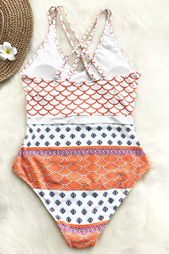 CUPSHE Women's One Piece Swimsuit Scoop Neck Double Straps Geo-Print Swimwear Bathing Suits