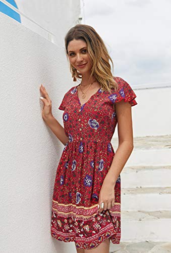 KIRUNDO Women’s  Summer Hot Short Sleeve V-Neck High Waist Floral Print Mini Sun Dress