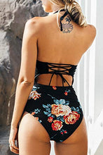 
                        
                          Load image into Gallery viewer, CUPSHE Women's Black Floral Print Halter Cutout High Waist One Piece Swimsuit
                        
                      