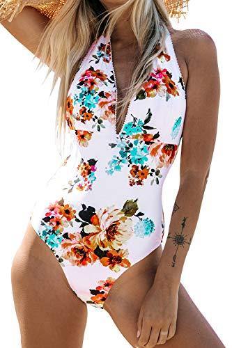 CUPSHE Women's Tie Waist Floral Print One Piece Swimsuit Halter Swimwear - JOY2ESpree