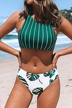 
                        
                          Load image into Gallery viewer, CUPSHE Women's Teal Stripe Leaves Print Criss Cross Bikini Sets
                        
                      