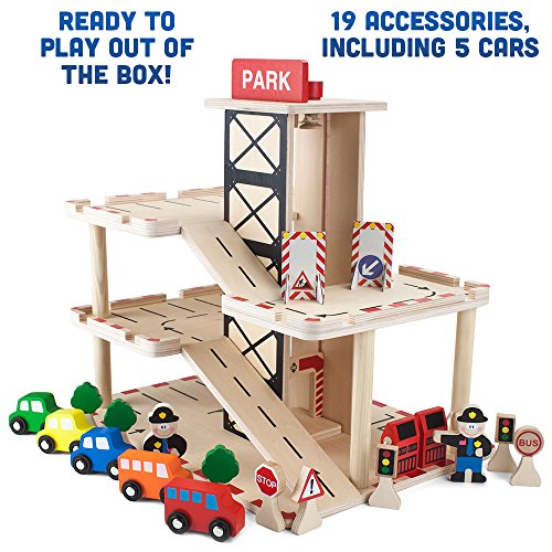 Imagination Generation Downtown Deluxe Wooden Parking Garage Ramp & Service Station Playset with Elevator