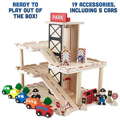 Imagination Generation Downtown Deluxe Wooden Parking Garage Ramp & Service Station Playset with Elevator