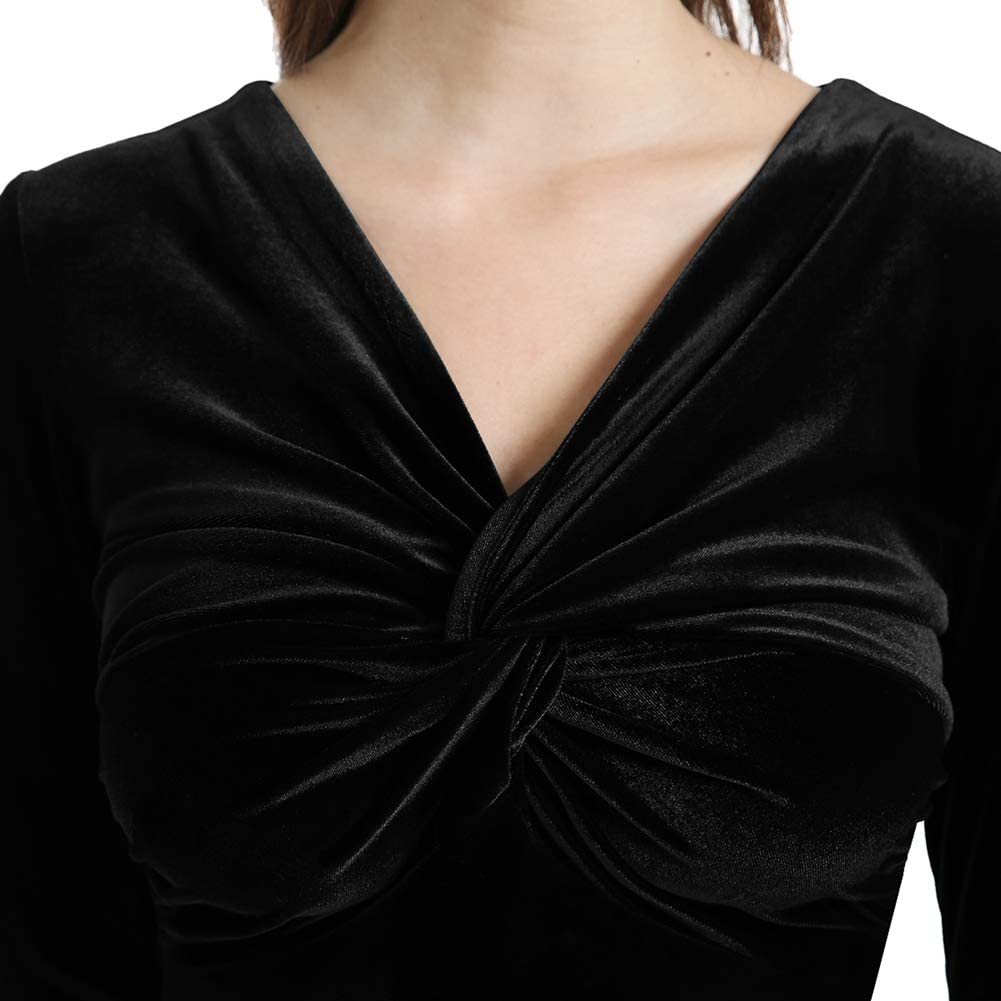 YHINTLFS Women Velvet Party Dress Long Sleeve V-Neck Wrap Mini Dress