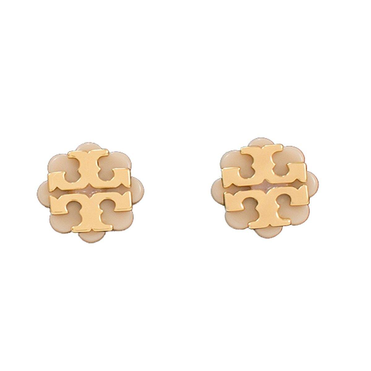 Tory Burch Logo Flower Resin Stud Earrings Light Oak Gold - JOY2ESpree