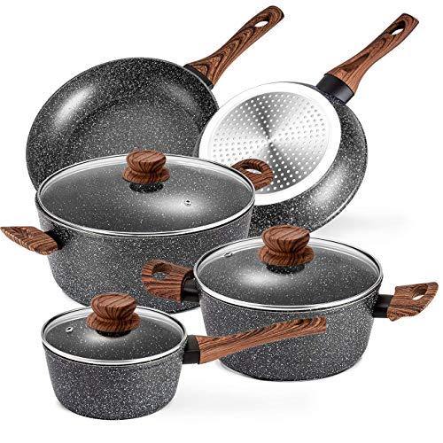 Prikoi Nonstick Cookware Set, Aluminum Kitchen Pots and Pans Set, Stovetop,Induction & Dishwasher Safe, 8 Piece, Black - JOY2ESpree