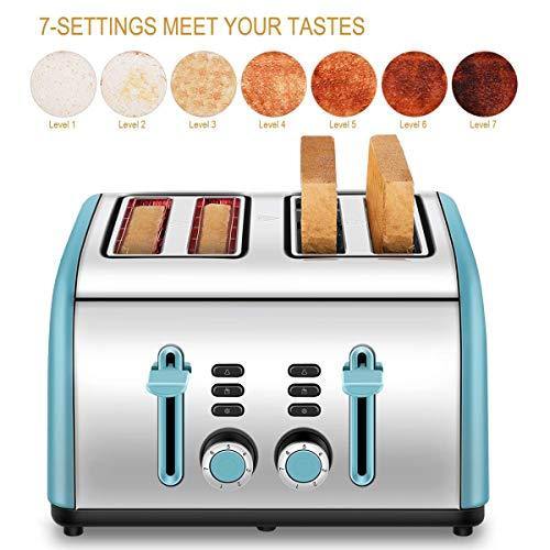 Toaster 4 Slice, CUSINAID 4 Wide Slots Stainless Steel Toasters with Reheat Defrost Cancel Function, 7-Shade Setting, Blue - JOY2ESpree