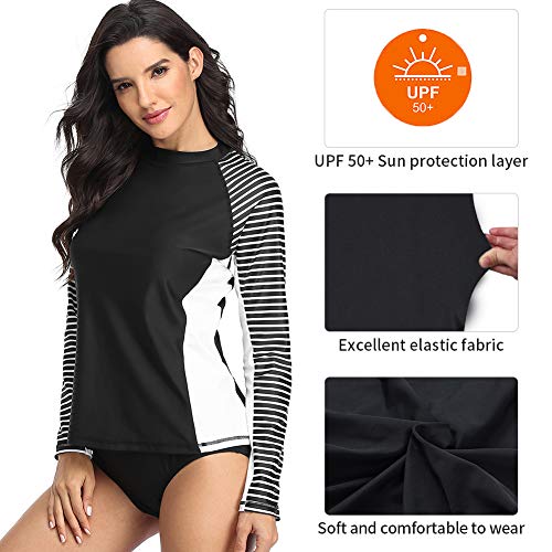 CharmLeaks Women's Long Sleeve Rashguard UPF 50 Sun Protection Swimsuit Top Striped Swim Shirts