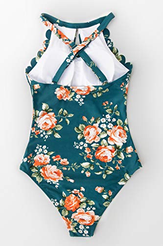 CUPSHE Women's One Piece Swimsuit Floral Print High Neck Scallop Bathing Suit